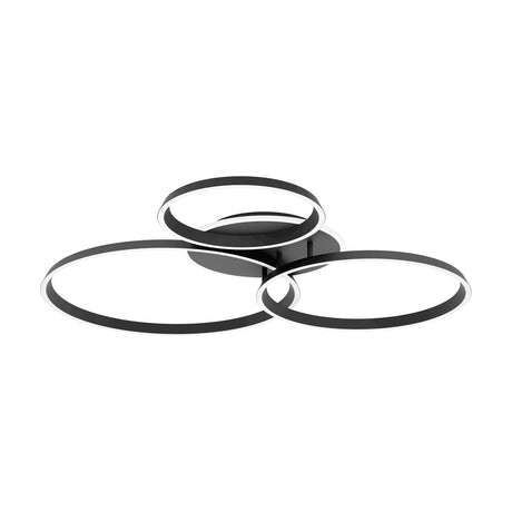 Girifalco LED 3 Ring Flush Ceiling Light in black, featuring three overlapping aluminium rings with white diffuser bands, mounted on a round ceiling plate against a plain white background.