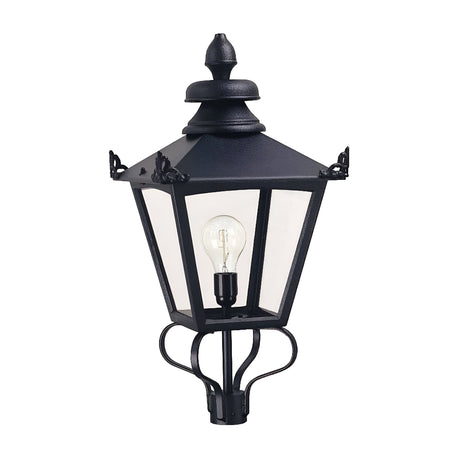 The Grampian 1 Light Lamp Head in black is a Victorian-style outdoor lantern crafted from cast aluminium. It showcases a vintage design with a clear glass casing and a visible light bulb. Its pointed top and ornate details make it perfect for pole mounting, adding elegance to any outdoor space.