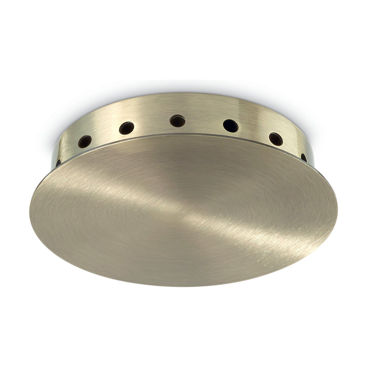 Glacia round ceiling rose in brushed brass with a circular grained finish, featuring a ring of cable holes around the side for up to 12 pendants, shown on a plain white background.