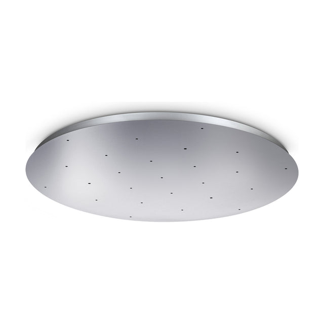 Glacia 25 Light Large Round Ceiling Rose in chrome, a flat circular plate with 25 small cable openings and a slim profile, shown on a plain white background.