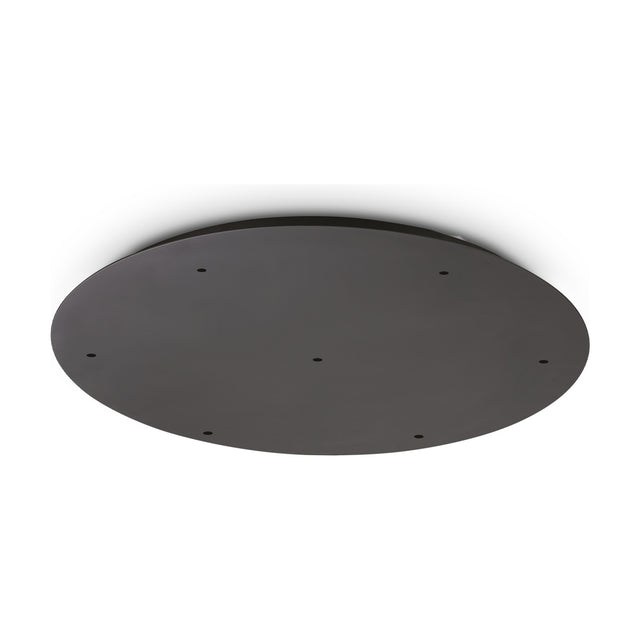 Glacia 7 Light Round Ceiling Rose in black, a 500mm round plate with seven cable openings for multiple pendants, shown on a plain white background.
