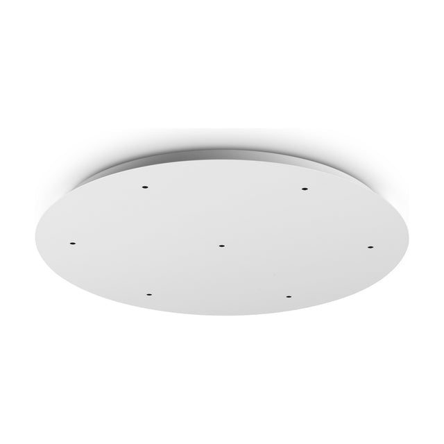 Glacia 7 Light Round Ceiling Rose in white, a flat 500mm disc with seven cable openings arranged in a circle, shown on a plain white background.