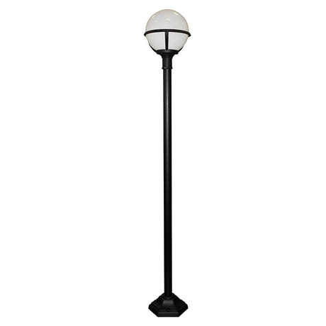 The Glenbeigh 1 Light Lamp Post - Black features a tall and slender design with a corrosion-resistant finish. It is topped with a round, white globe light that illuminates outdoor spaces beautifully. Its robust base provides steadfast support, making it a striking addition against any plain white background.