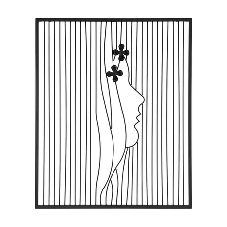 Glenurla Wall Decoration 49.5 x 59.5cm in black metal, rectangular framed design with vertical lines forming a woman's side profile and hair with two small flowers, shown on a white background.