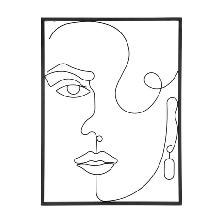 Glenurla Wall Decoration 50 x 66.5cm in black metal, a slim rectangular frame with a continuous-line drawing of a woman's face, hair and a drop earring, shown on a plain white background.