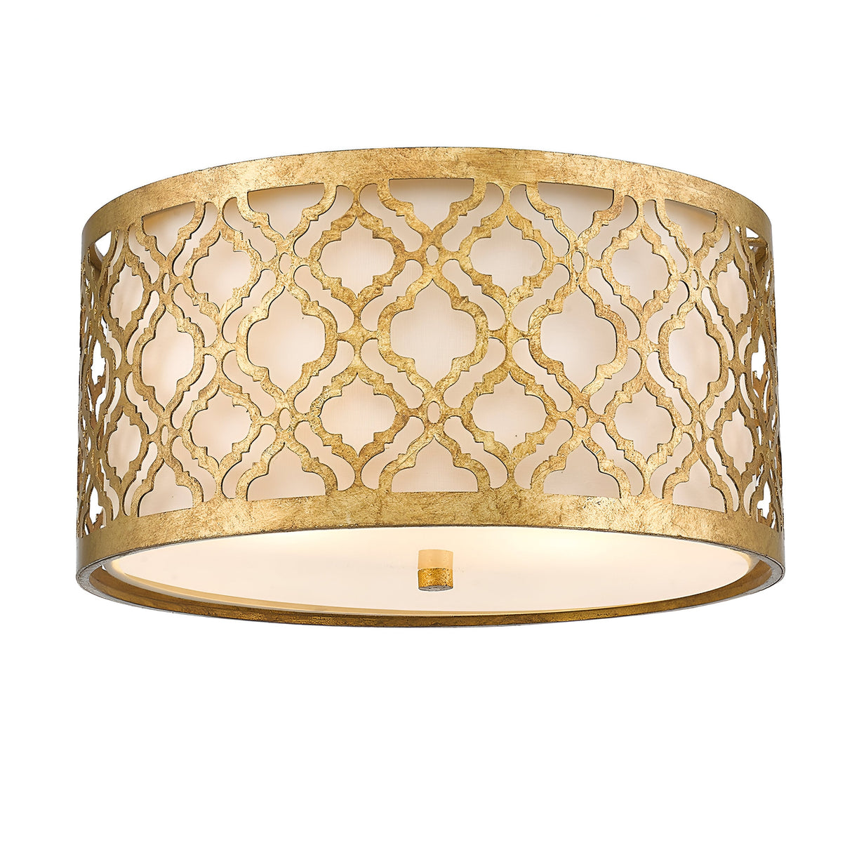 The Arabella 2 Light Flush - Gold With Ivory Shade features a distressed gold metal frame crafted into an elegant drum shape adorned with an intricate lattice pattern. The cylindrical design's geometric cutouts allow for a soft, energy-efficient glow from within, giving the fixture a warm and sophisticated look.