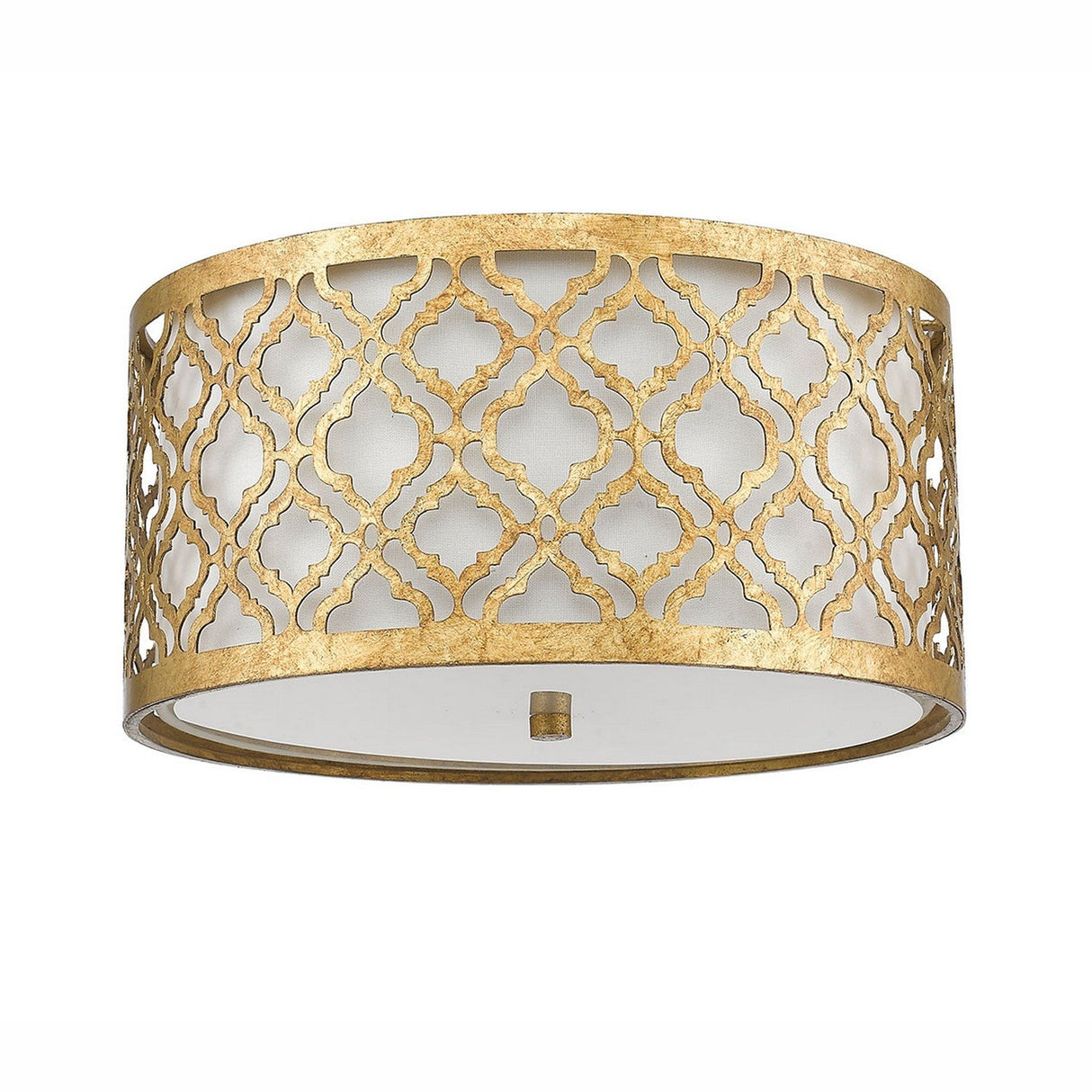 The Arabella 2 Light Flush - Gold With Ivory Shade features a drum-shaped distressed gold metal frame adorned with an elegant geometric lattice design. Its ivory interior gently diffuses energy-efficient lighting, enhancing the fixture's modern and sophisticated appeal.