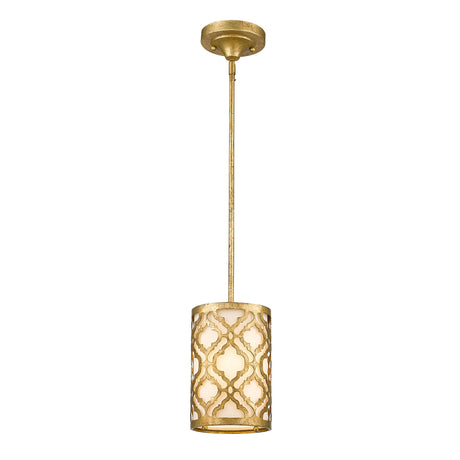 The Arabella 1 Light Duo-Mount Mini Pendant/Semi-Flush features a gold metal design with an intricate lattice pattern that beautifully overlays an ivory shade. Its cylindrical fixture allows warm light to filter through while hanging gracefully from a slender rod and round ceiling mount, providing versatile duo-mounting options.