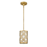 The Arabella 1 Light Duo-Mount Mini Pendant/Semi-Flush, featuring a gold finish and an ornate lattice design, hangs elegantly from the ceiling. Its cylindrical shade showcases a repeating pattern with an ivory color, complemented by a white inner diffuser to soften the light.