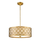 The Arabella 3 Light Duo-Mount Large Pendant/Semi-Flush, featuring a gold metal design and an ivory cylindrical shade with a decorative lattice pattern, elegantly hangs from the ceiling with a single rod and circular base. It's designed for easy compatibility with retrofit LED lamps, providing modern illumination.