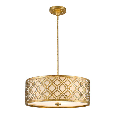 The Arabella 3 Light Duo-Mount Large Pendant/Semi-Flush, featuring a gold metal design and an ivory cylindrical shade with a decorative lattice pattern, elegantly hangs from the ceiling with a single rod and circular base. It's designed for easy compatibility with retrofit LED lamps, providing modern illumination.