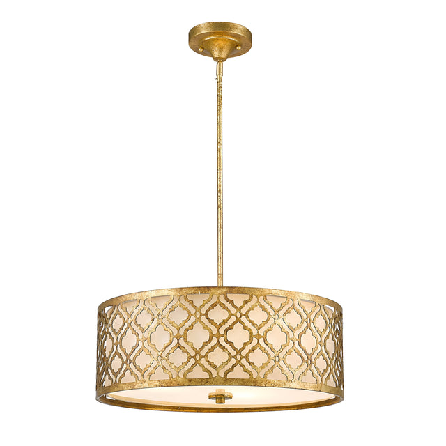 The Arabella 3 Light Duo-Mount Large Pendant/Semi-Flush, featuring a gold metal design and an ivory cylindrical shade with a decorative lattice pattern, elegantly hangs from the ceiling with a single rod and circular base. It's designed for easy compatibility with retrofit LED lamps, providing modern illumination.