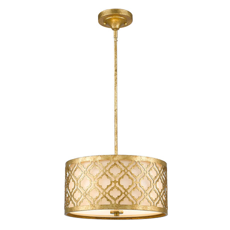 The Arabella 2 Light Duo-Mount Medium Pendant/Semi-Flush in gold with an ivory shade features a stunning metal design with its drum-shaped shade highlighted by an intricate lattice pattern. This elegant semi-flush fitting is suspended from a slender rod with a circular ceiling mount, adding sophistication to any room.