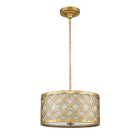 The Arabella 2 Light Duo-Mount Medium Pendant/Semi-Flush in gold with an ivory shade features a drum-shaped metal design adorned with an elegant geometric pattern. It is suspended from a sleek rod and ceiling mount, offering semi-flush fittings and a contemporary, sophisticated look.