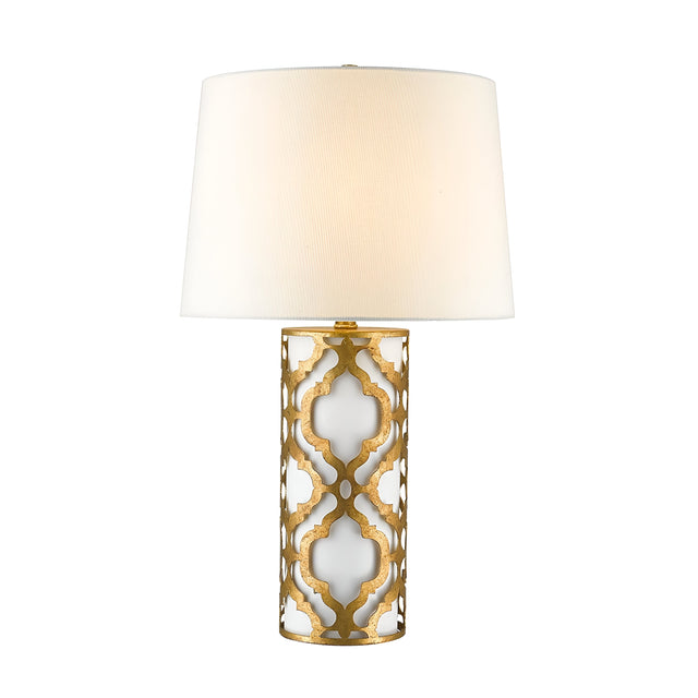 Introducing the Arabella 1 Light Table Lamp - Gold With Ivory Shade: a stylish piece featuring a cylindrical base adorned with an intricate gold lattice design on a white background. Topped with an ivory linen shade, this lamp exudes elegance and modernity, making it an ideal addition to any sophisticated space.
