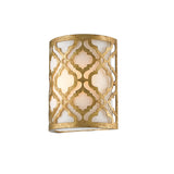 The Arabella 1 Light Wall Light - Gold With Ivory Shade features a gold, lattice-patterned metal frame with a frosted glass interior that emits a soft glow. Its geometric motif elegantly enhances your decor, while the gold metal finish adds sophistication and warmth to any space.