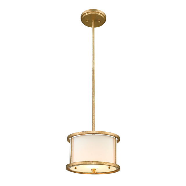 The Lemuria 1 Light Duo-Mount Mini Pendant/Semi-Flush in gold features a modern Grecian key motif, showcasing a cylindrical frame with an ivory frosted glass shade. Elegantly suspended from the ceiling mount, it includes adjustable height rods for perfect positioning customization.