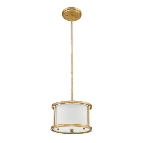 The Lemuria 1 Light Duo-Mount Mini Pendant/Semi-Flush showcases a plush ivory cylindrical shade, elegantly suspended from an adjustable gold-finished rod. Its ceiling mount is tastefully embellished with a Grecian key motif, enriching the sleek and contemporary aesthetic.