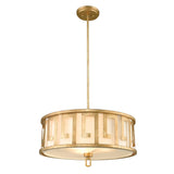 The Lemuria 3 Light Duo-Mount Large Pendant/Semi-Flush in gold features a Grecian key motif within its geometric cut-out patterns, complete with adjustable rods for customizable height. It includes an ivory frosted glass diffuser at the bottom that emits a warm, ambient glow.