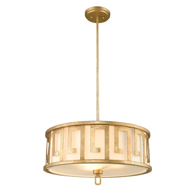 The Lemuria 3 Light Duo-Mount Large Pendant/Semi-Flush in gold features a Grecian key motif within its geometric cut-out patterns, complete with adjustable rods for customizable height. It includes an ivory frosted glass diffuser at the bottom that emits a warm, ambient glow.