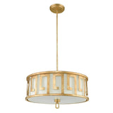 Introducing the Lemuria 3 Light Duo-Mount Large Pendant/Semi-Flush in Gold with an Ivory Shade, featuring a round drum-shaped frame adorned with geometric patterns and frosted glass panels. It hangs from adjustable rods, showcasing an elegant design reminiscent of the Grecian key motif.