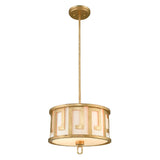 The Lemuria 2 Light Duo-Mount Medium Pendant/Semi-Flush is a captivating gold light fixture with a cylindrical design. Its geometric cutouts evoke a Grecian key motif, complemented by adjustable height rods and an ivory inner shade to elegantly illuminate any room from its ceiling mount.