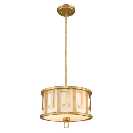 The Lemuria 2 Light Duo-Mount Medium Pendant/Semi-Flush is a captivating gold light fixture with a cylindrical design. Its geometric cutouts evoke a Grecian key motif, complemented by adjustable height rods and an ivory inner shade to elegantly illuminate any room from its ceiling mount.