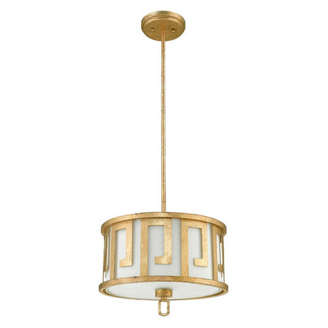 The Lemuria 2 Light Duo-Mount Medium Pendant/Semi-Flush showcases a gold drum design embellished with geometric cut-out patterns and an ivory shade that diffuses the light. It's elegantly suspended by adjustable height rods, and its circular frame, finished in a metallic gold, incorporates a subtle Grecian key motif.