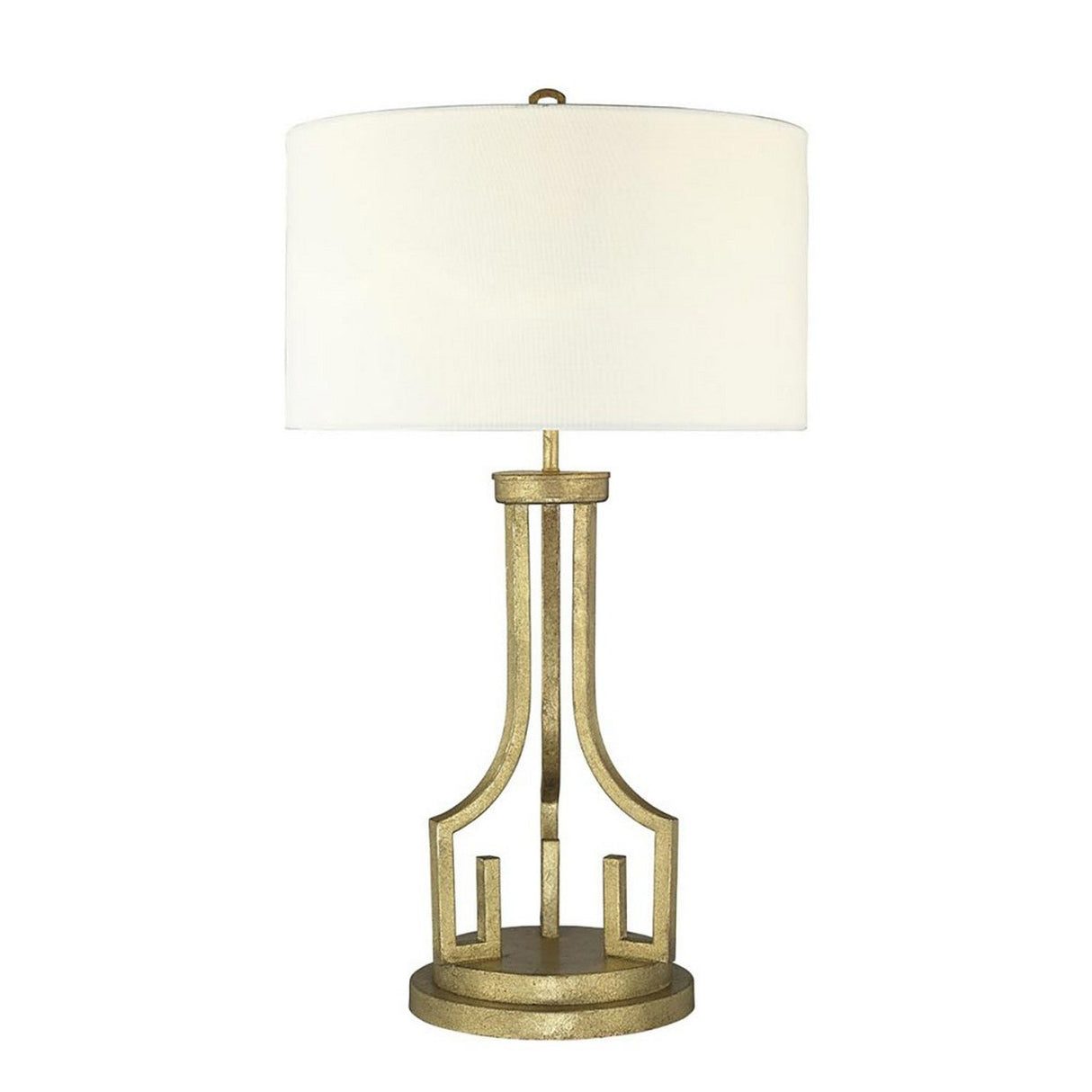 The Lemuria 1 Light Table Lamp - Gold With Ivory Shade showcases a decorative concept, featuring a large ivory cylindrical lampshade and an artistic geometric metallic base in a lavish gold finish.