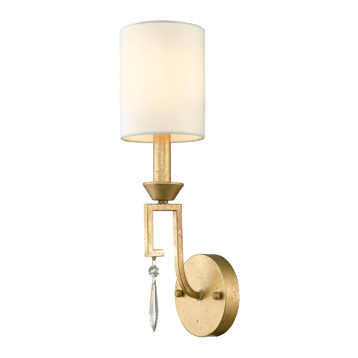 The Lemuria 1 Light Wall Light in gold, featuring an ivory cylindrical shade and a decorative crystal pendant below the fixture, is designed with an energy-efficient LED bulb.