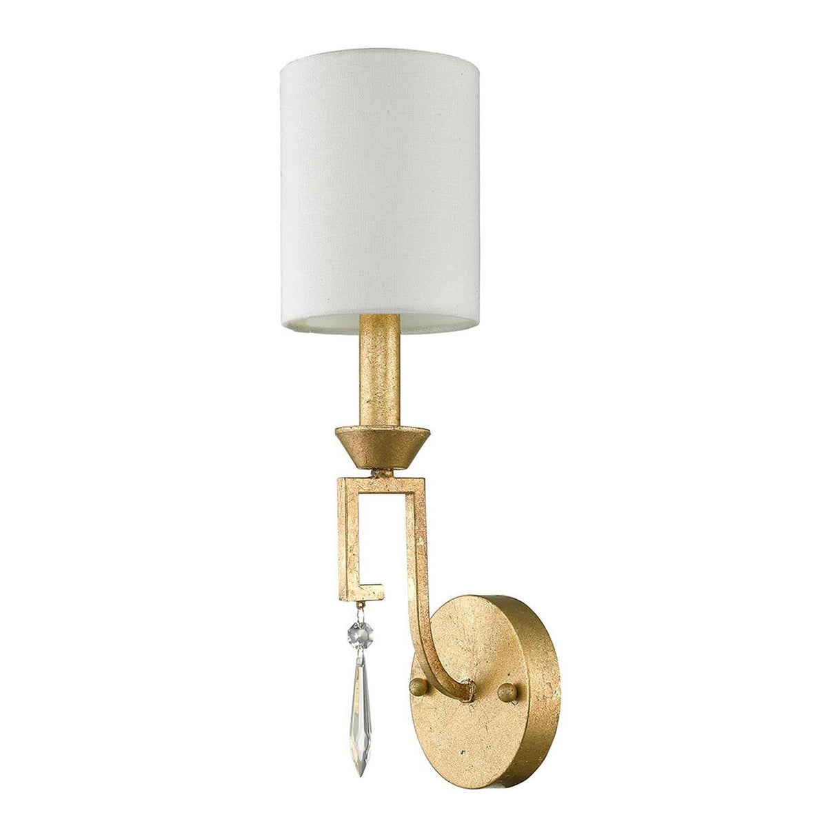 The Lemuria 1 Light Wall Light in gold features an elegant finish with a round base and is complemented by an ivory cylindrical shade. It includes a decorative crystal hanging from a geometric element beneath the bulb and is compatible with LED bulbs for enhanced energy efficiency.