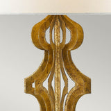 Detailed view of a luxurious gold metallic lamp base showcasing an intricate, symmetrical design, echoing the elegance of the Octavia 1 Light Table Lamp - Gold With Ivory Shade. Set against a light backdrop, the top part of the image displays a portion of an ivory linen shade.