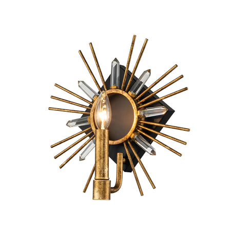 Introducing the Sun King 1 Light Wall - Gold Leaf, a decorative wall sconce with a striking sunburst design. It features gold rods emanating from a central dark base, complete with a single exposed bulb that evokes the look of a classic candle, enhancing its elegant and vintage charm in this modern wall light.