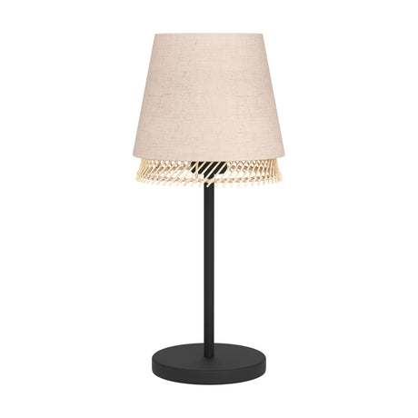 Golanne Table Lamp in black with a slim steel stem, round base, tapered beige fabric shade, and a wooden rod fringe trim, shown on a plain white background.