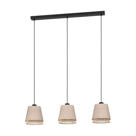 Golanne Wooden Linear Pendant Light in black, featuring a black steel bar with three tapered natural fabric shades edged with woven wood, shown on a plain white background.