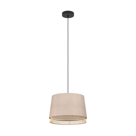 Golanne Wooden Pendant Light in black, featuring a tapered natural fabric drum shade above a woven wood band, hung on a slim black cable from a round ceiling rose, shown on a plain white background.