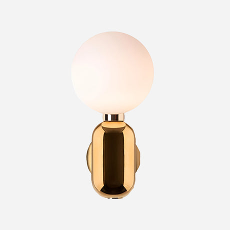 The Pallo Wall Light - Gold is a modern wall sconce with a gold finish and a large, round frosted white globe light fixture. Its minimalist design elegantly contrasts metallic and matte elements, making it the perfect wall light for contemporary interiors.