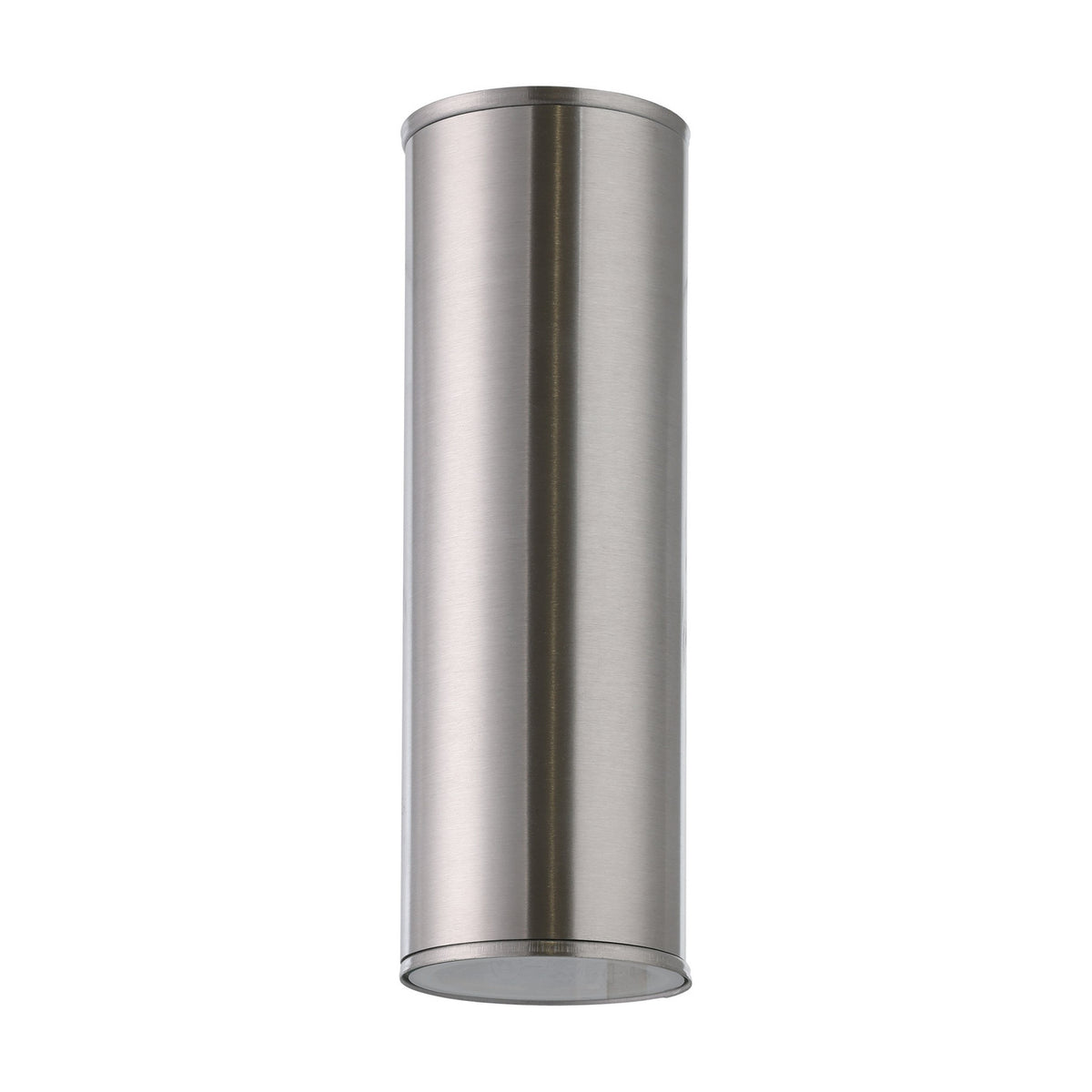 Gorbora LED 2 Light Outdoor Wall Light in stainless steel, a slim brushed cylindrical fitting on a rectangular wall bracket, shown on a plain white background.