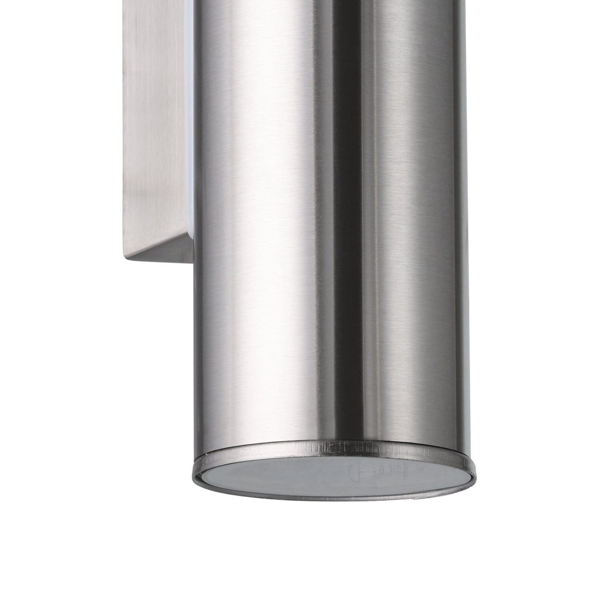 Close-up of the Gorbora LED outdoor wall light's lower cylinder in brushed stainless steel, showing the GU10 lamp opening on a plain white background.