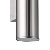Close-up of the Gorbora LED outdoor wall light's lower cylinder in brushed stainless steel, showing the GU10 lamp opening on a plain white background.