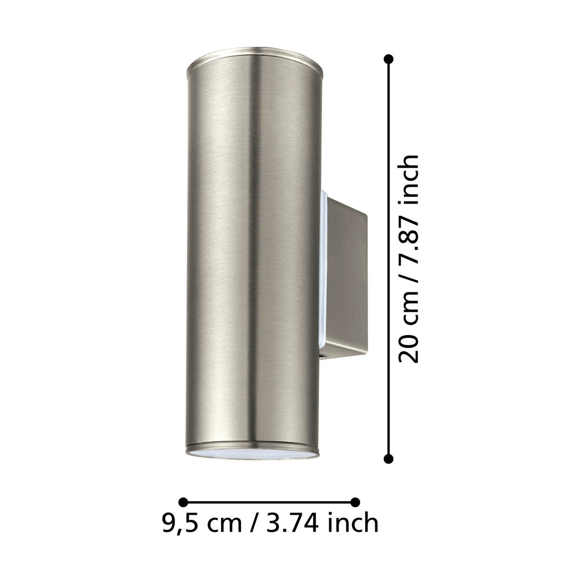Gorbora LED 2 Light Outdoor Wall Light in stainless steel, a brushed cylindrical fixture on a rectangular wall bracket, shown with dimensions 20cm height and 9.5cm projection on a white background.