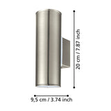 Gorbora LED 2 Light Outdoor Wall Light in stainless steel, a brushed cylindrical fixture on a rectangular wall bracket, shown with dimensions 20cm height and 9.5cm projection on a white background.