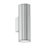 Gorbora LED 2 Light Outdoor Wall Light in stainless steel, a slim brushed cylindrical fixture on a rectangular wall bracket with up and down light openings, shown on a plain white background.