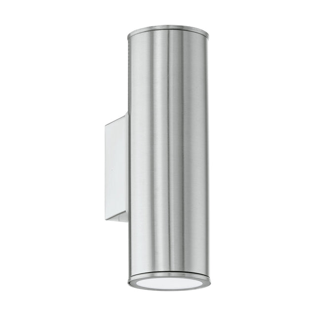 Gorbora LED 2 Light Outdoor Wall Light in stainless steel, a slim brushed cylindrical fixture on a rectangular wall bracket with up and down light openings, shown on a plain white background.