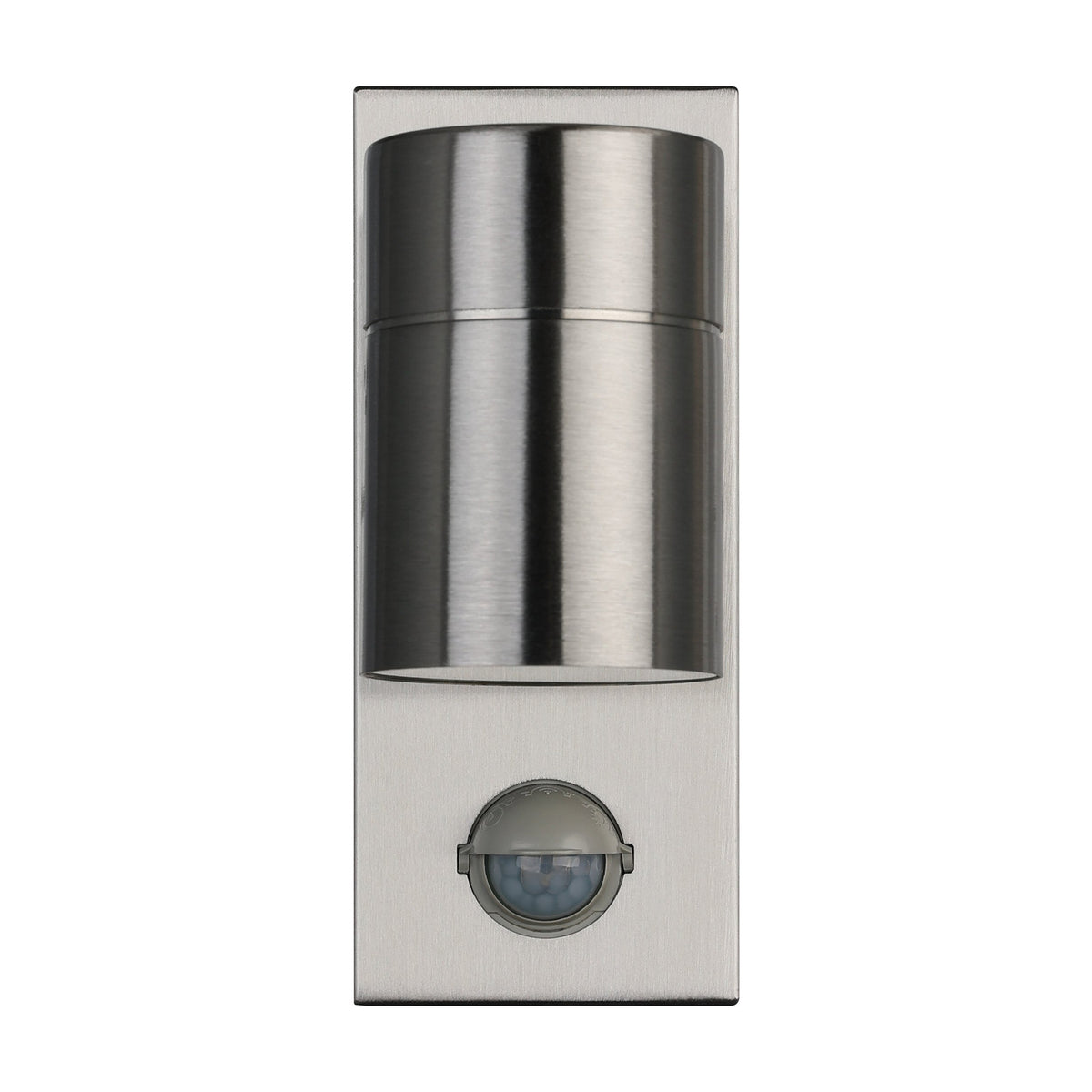Gorbora outdoor wall light in brushed stainless steel with a cylindrical glass-shaded head, rectangular backplate and integrated motion sensor, shown on a plain white background.