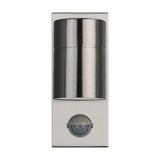 Gorbora outdoor wall light in brushed stainless steel with a cylindrical glass-shaded head, rectangular backplate and integrated motion sensor, shown on a plain white background.