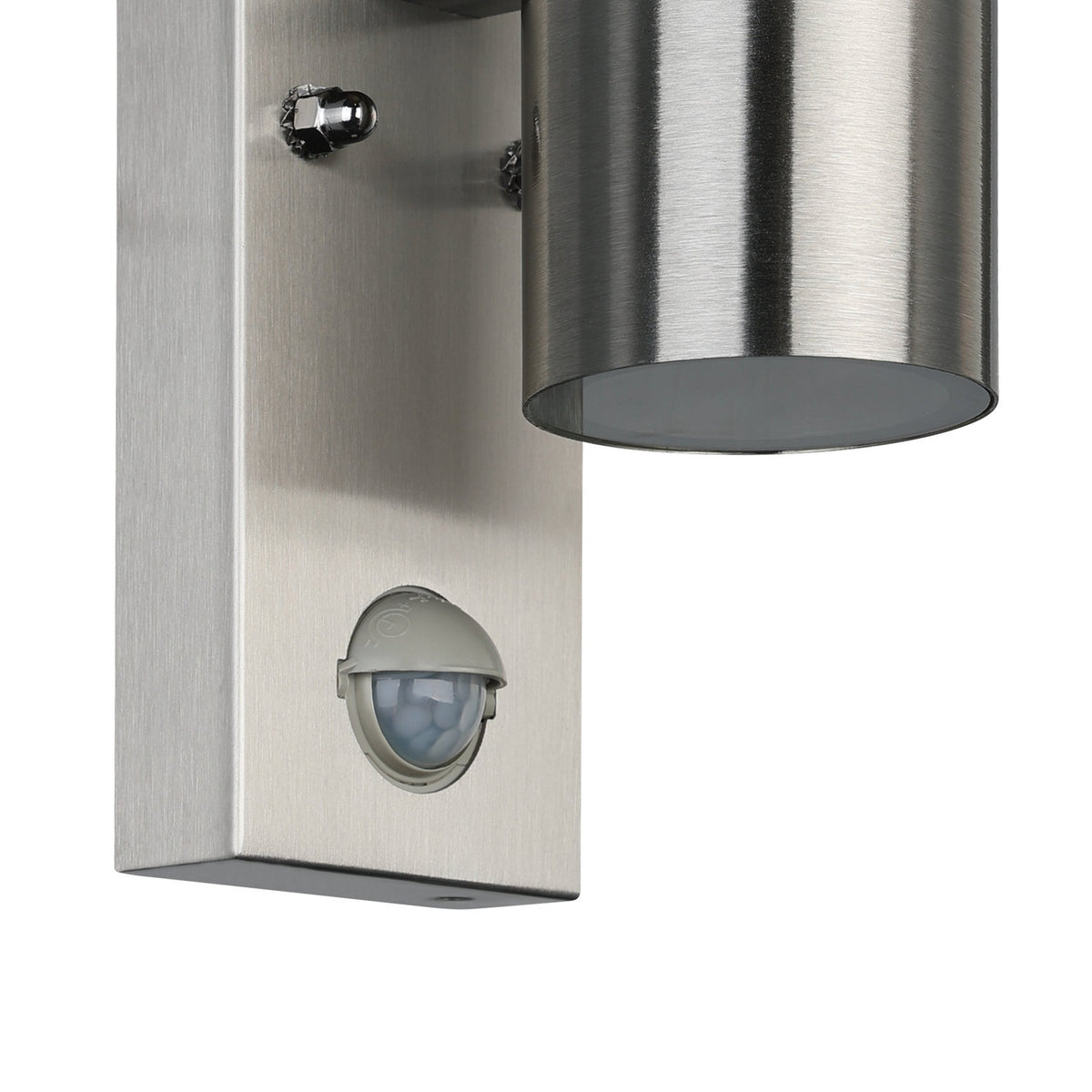 Close-up of the Gorbora outdoor wall light in brushed stainless steel, showing the cylindrical glass-shaded head, fixing screws, and built-in motion sensor on the rectangular backplate.