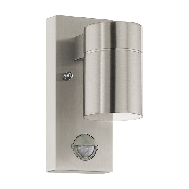 Gorbora outdoor wall light with motion sensor in brushed stainless steel, showing cylindrical GU10 head, rectangular backplate and sensor eye, on a white background.