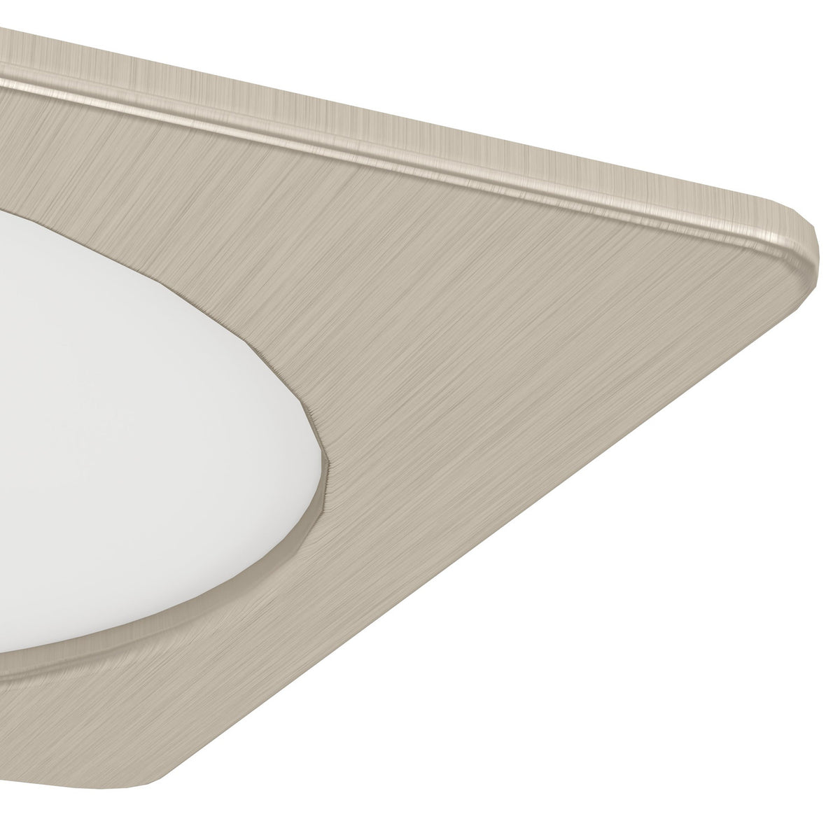 Close-up of the Gosmelle LED downlight, 16.6cm square, with a brushed satin nickel frame and recessed round white plastic diffuser, shown on a plain white background.