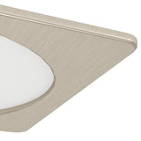 Close-up of the Gosmelle LED downlight, 16.6cm square, with a brushed satin nickel frame and recessed round white plastic diffuser, shown on a plain white background.